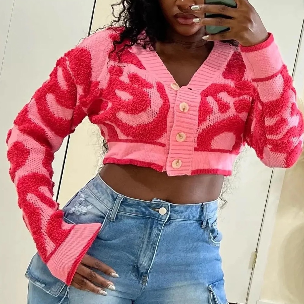 Cropped Pink Patterned Button-Front Sweater